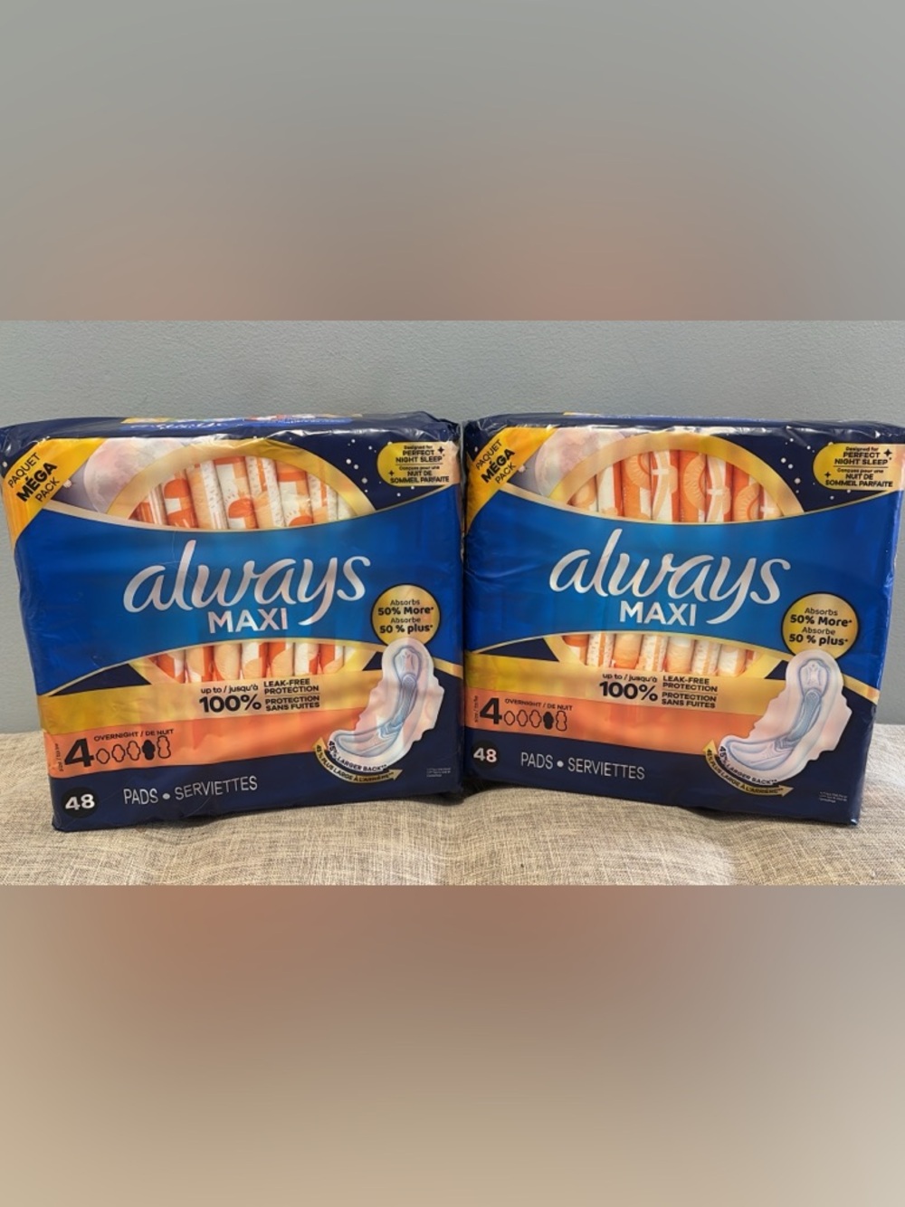 2 packs of Always Maxi Overnight Pads with Wings, Size 4, 48 Count